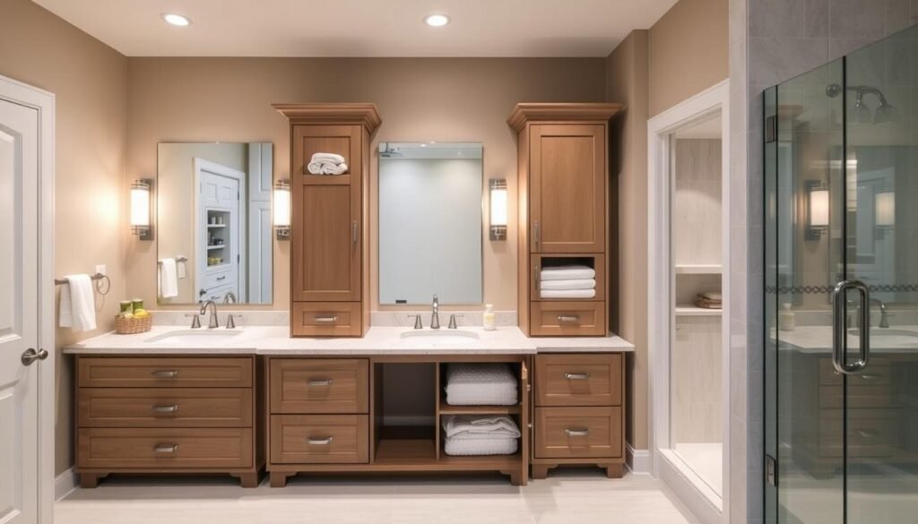 Master bathroom with various built-in storage solutions Master bathroom with various built-in storage solutions