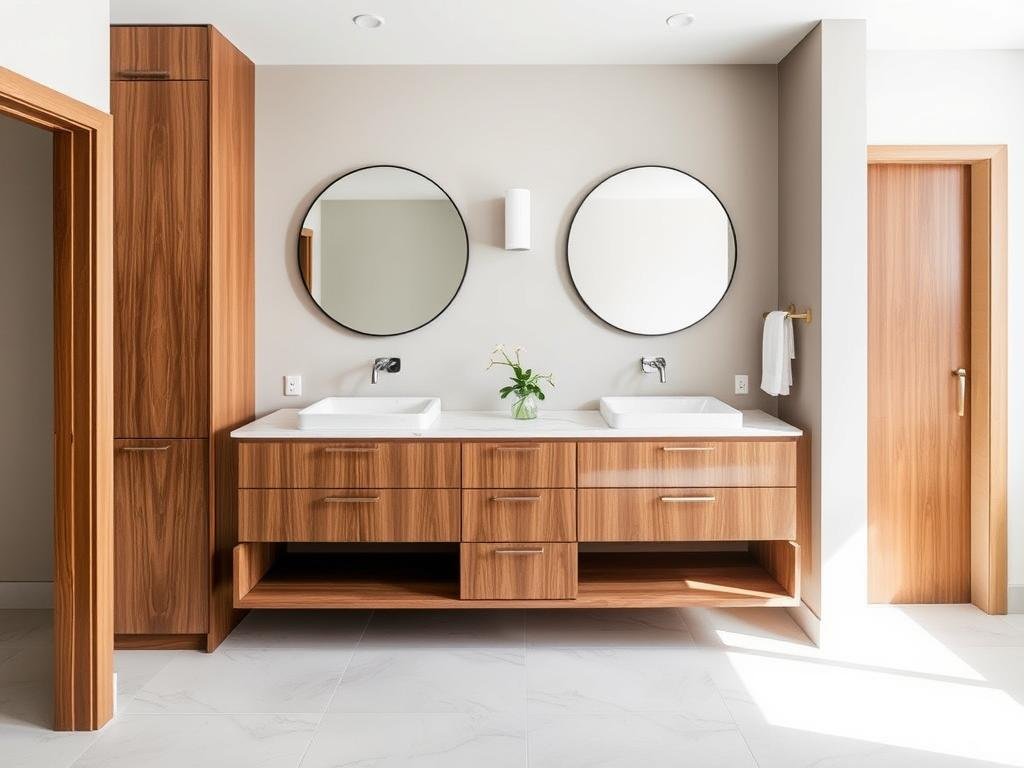 Master bathroom with warm wood double vanity and marble countertop Master bathroom with warm wood double vanity and marble countertop