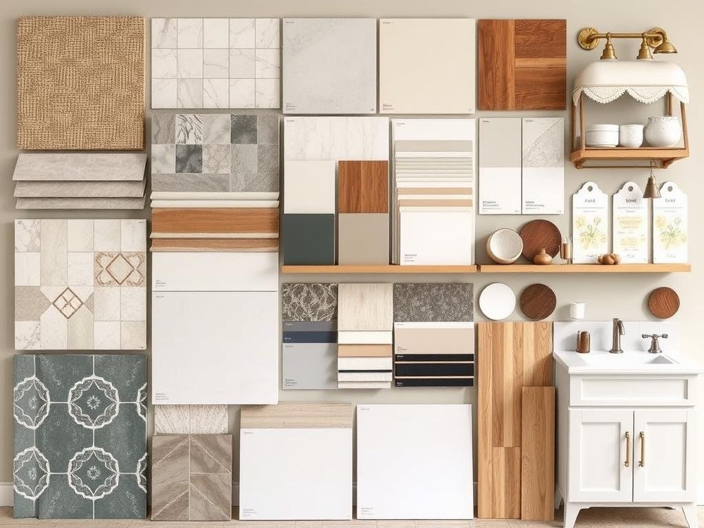 Material samples for small bathroom remodel including tiles, fixtures, and paint swatches Material samples for small bathroom remodel including tiles, fixtures, and paint swatches