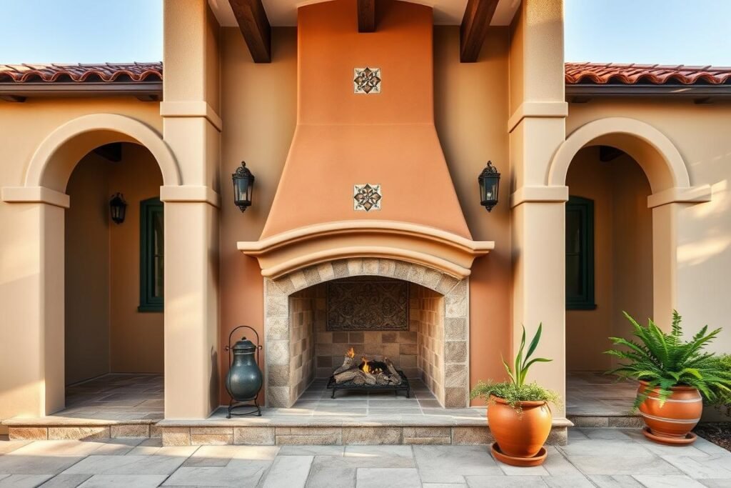 Mediterranean-inspired outdoor fireplace with stucco finish and decorative tile accents