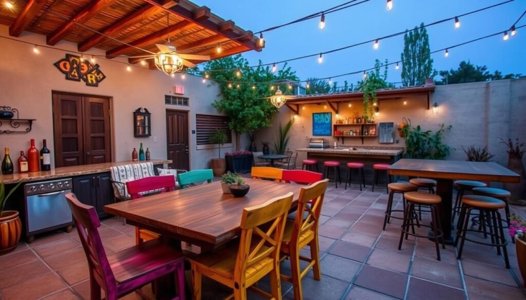 Mexican outdoor kitchen with dining area and comfortable seating for entertaining Mexican outdoor kitchen with dining area and comfortable seating for entertaining