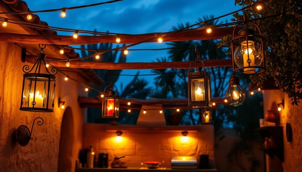 Mexican outdoor kitchen with string lights, lanterns, and candles creating ambiance Mexican outdoor kitchen with string lights, lanterns, and candles creating ambiance
