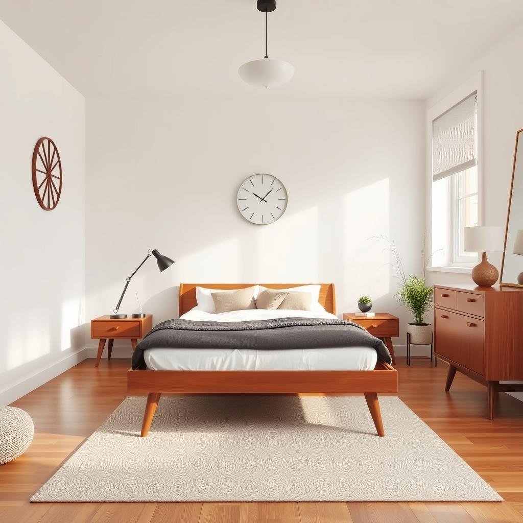 Mid-century modern bedroom with clean lines and warm wood room decor bedroom pieces Mid-century modern bedroom with clean lines and warm wood room decor bedroom pieces