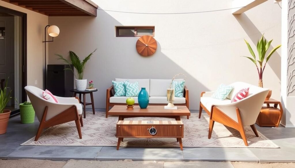 Mid-century modern outdoor furniture featuring distinctive shapes, tapered legs, and retro colors Mid-century modern outdoor furniture featuring distinctive shapes, tapered legs, and retro colors