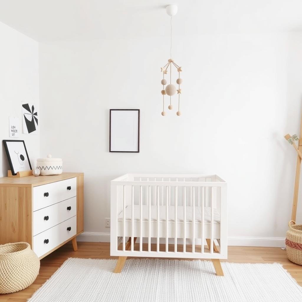 Minimalist Scandinavian baby room with neutral colors, simple shapes, and natural materials