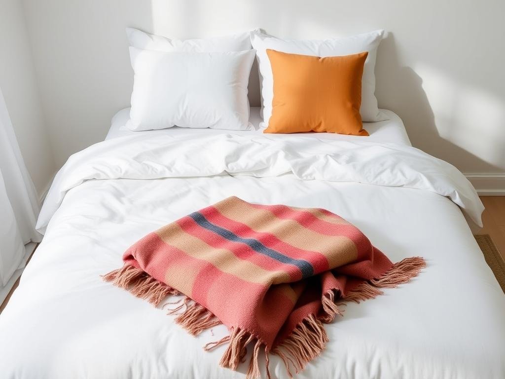 Minimalist bedding with accent throw and pillows Minimalist bedding with accent throw and pillows