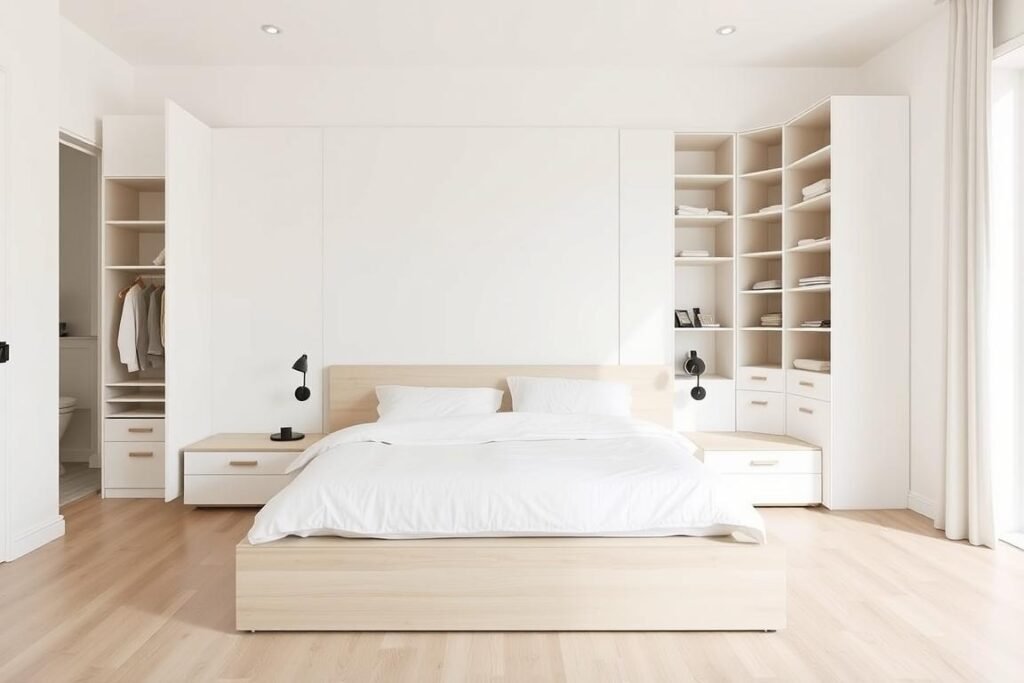 Minimalist bedroom storage solutions with built-in drawers and hidden compartments Minimalist bedroom storage solutions with built-in drawers and hidden compartments