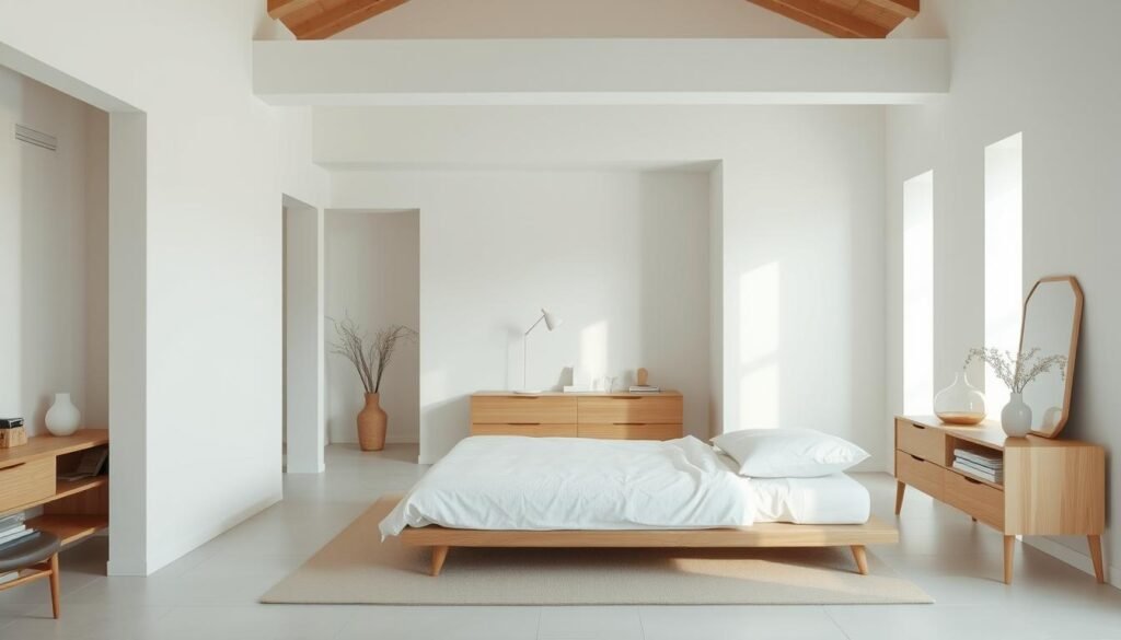 Minimalist bedroom with clean lines, neutral colors, and carefully selected furniture