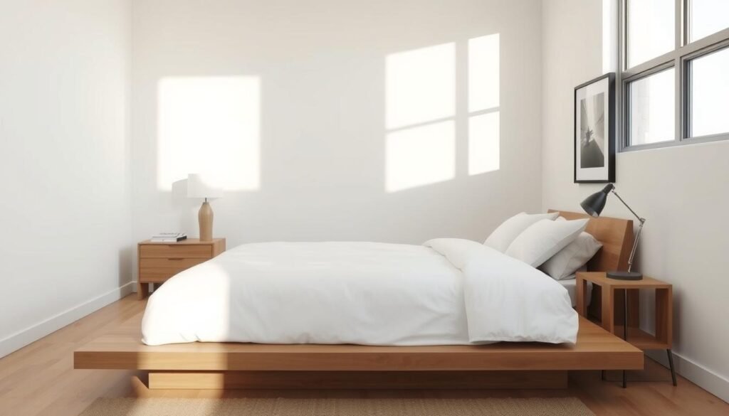 Minimalist bedroom with essential furniture, neutral colors, and subtle texture Minimalist bedroom with essential furniture, neutral colors, and subtle texture