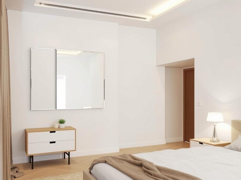 Minimalist bedroom with simple frameless mirror and clean lines Minimalist bedroom with simple frameless mirror and clean lines