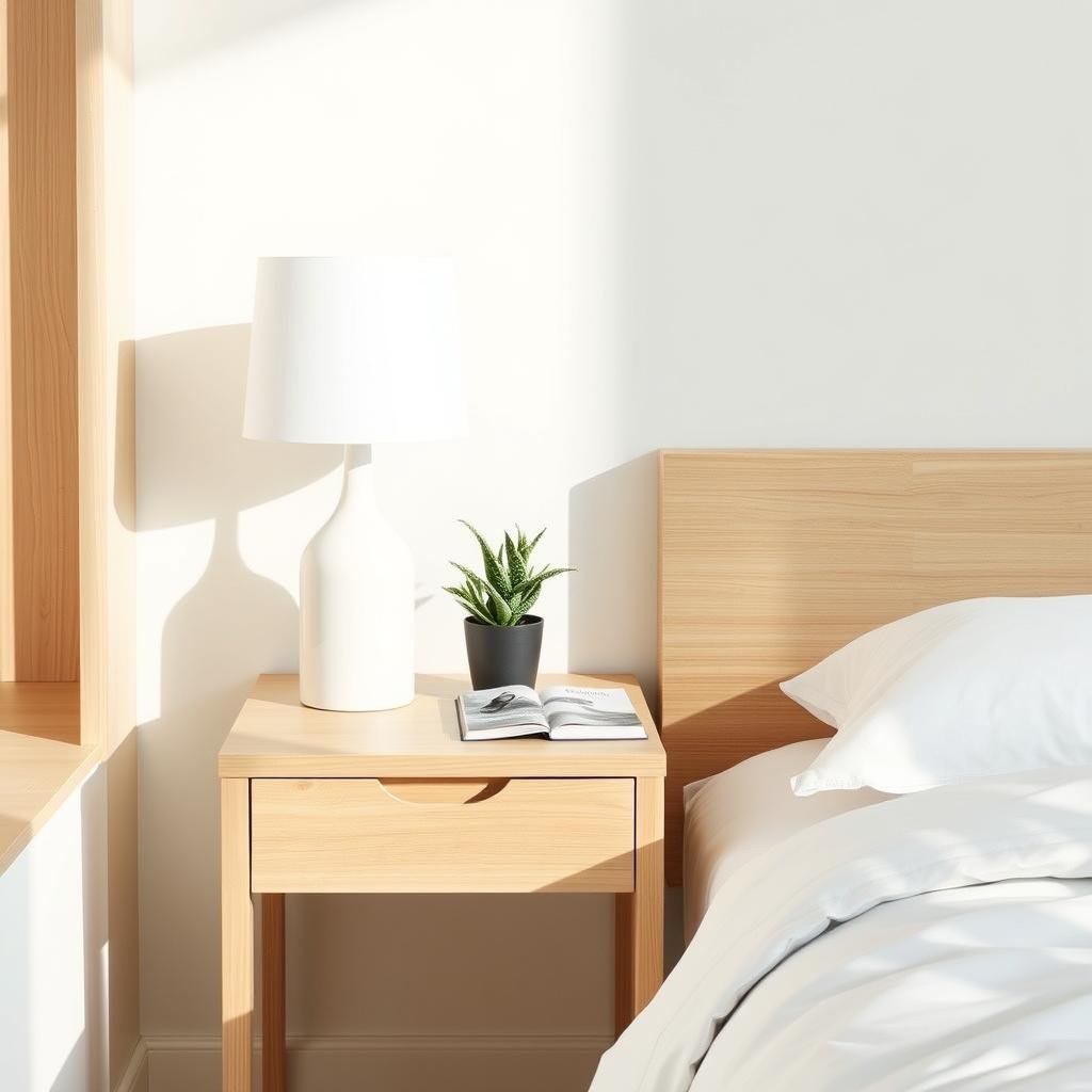 Minimalist bedside table with carefully curated room decor bedroom items Minimalist bedside table with carefully curated room decor bedroom items