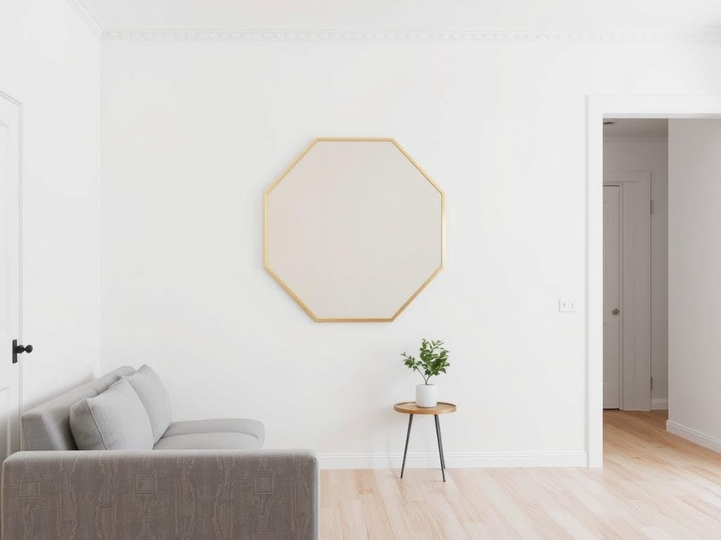 Minimalist gold hexagonal mirror in a clean, contemporary space Minimalist gold hexagonal mirror in a clean, contemporary space
