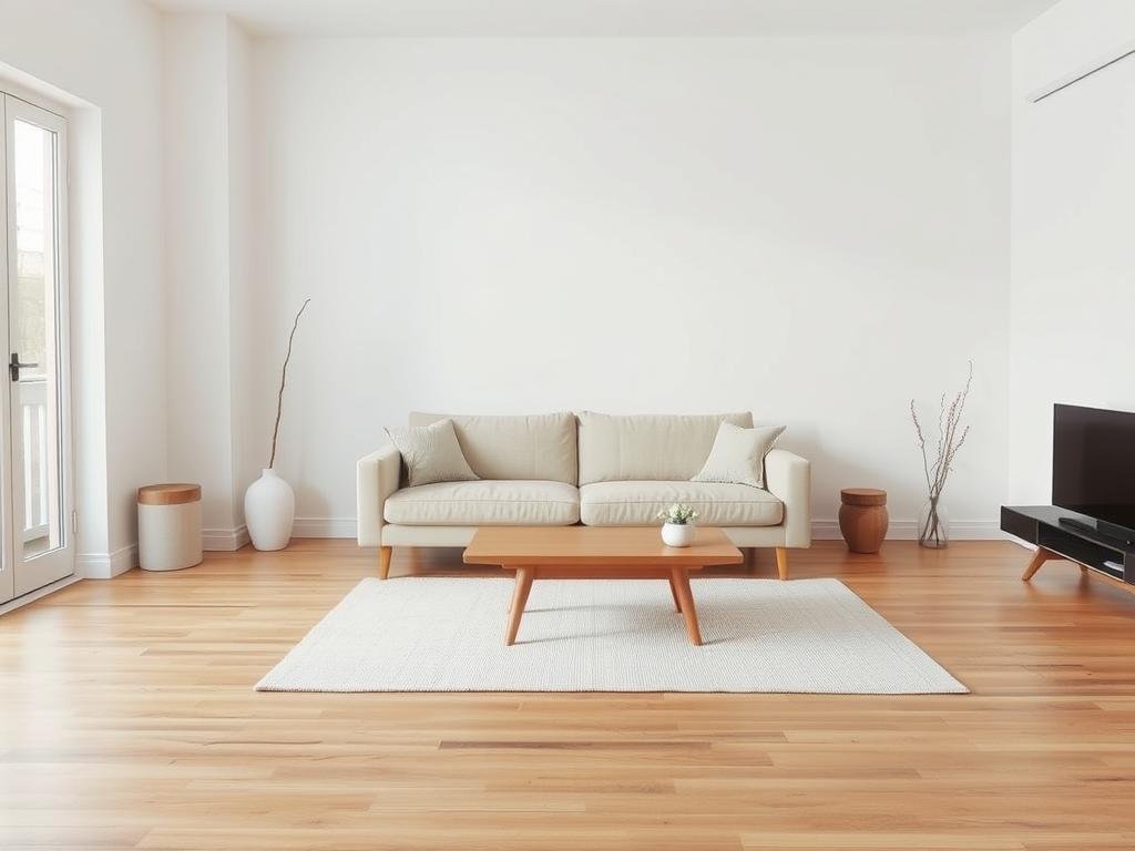 Minimalist living room with essential furniture and intentional negative space Minimalist living room with essential furniture and intentional negative space