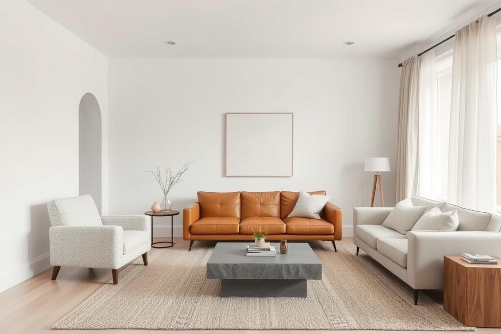 Minimalist living room with neutral colors but rich textures creating warmth Minimalist living room with neutral colors but rich textures creating warmth