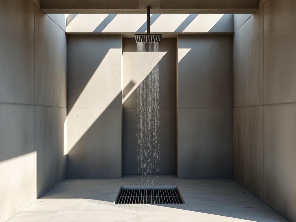 Minimalist outdoor shower with concrete walls and rainfall shower head