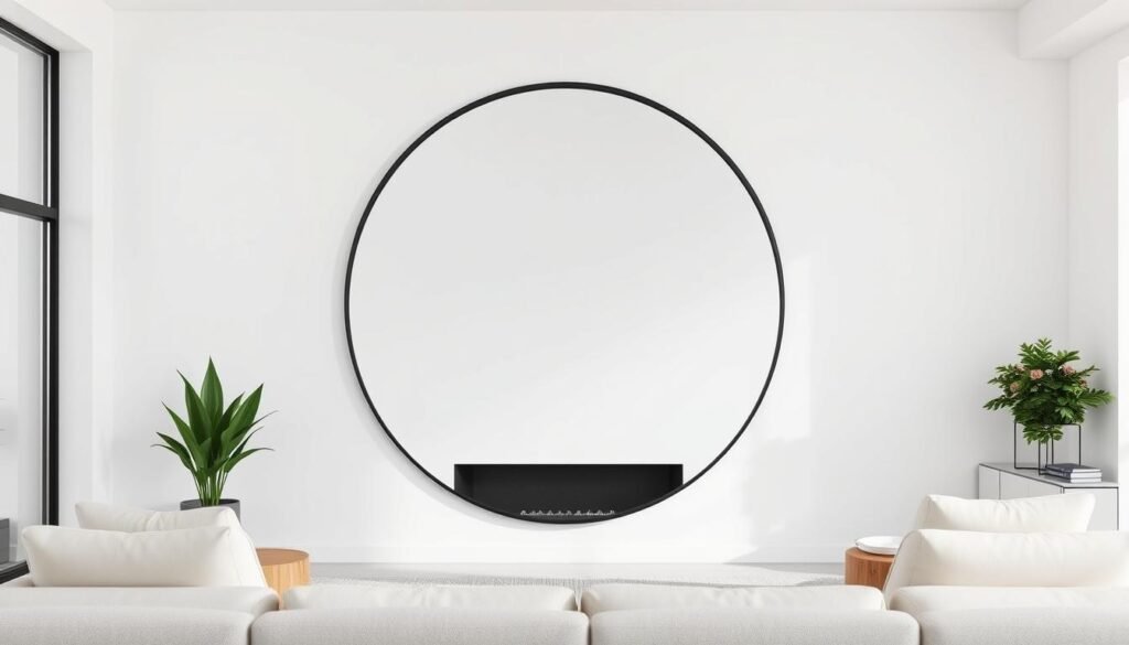 Minimalist round mirror with thin black frame in a contemporary living room Minimalist round mirror with thin black frame in a contemporary living room