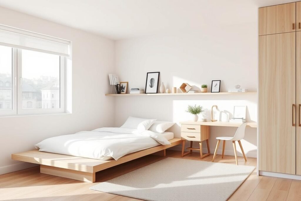 Minimalist teen bedroom with clean lines, neutral colors, and functional furniture Minimalist teen bedroom with clean lines, neutral colors, and functional furniture