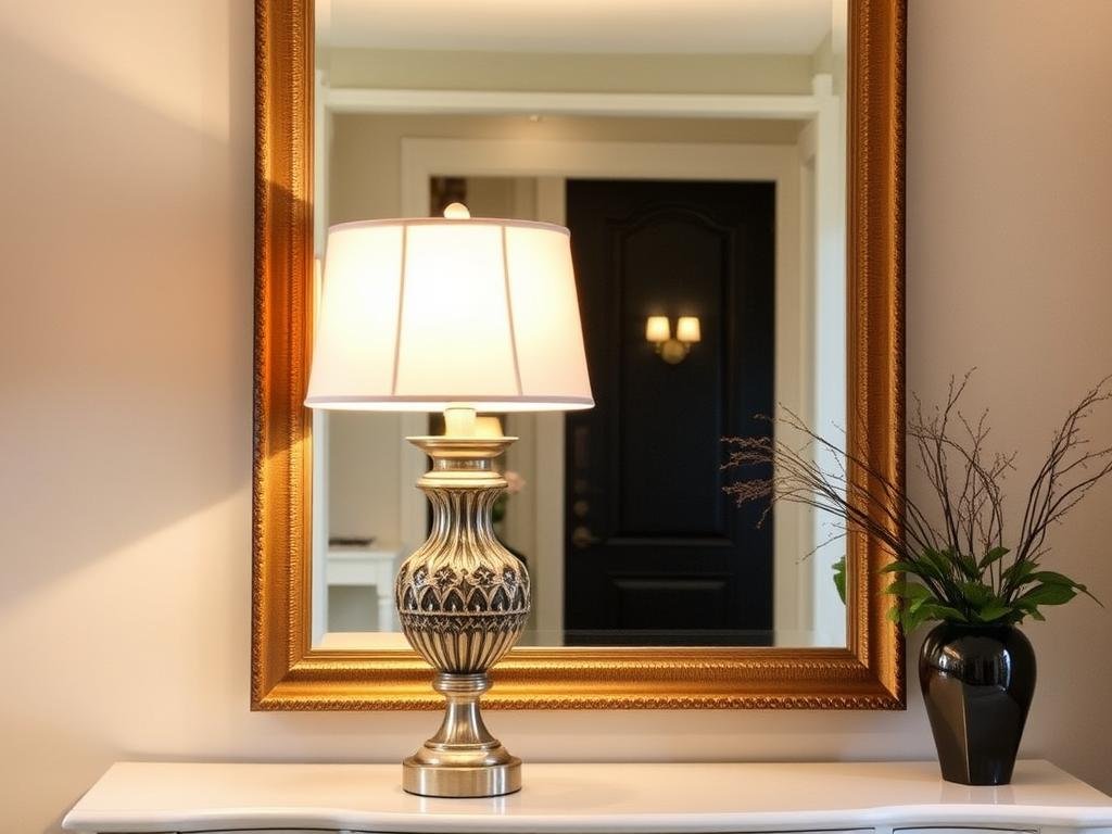 Mirror behind table lamp amplifying light Mirror behind table lamp amplifying light