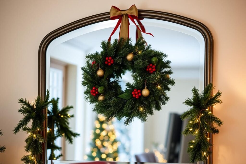 Mirror decorated with holiday wreath and garland Mirror decorated with holiday wreath and garland
