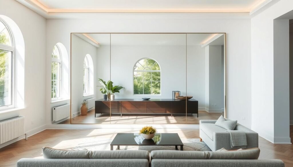 Mirror placed opposite window reflecting natural light Mirror placed opposite window reflecting natural light