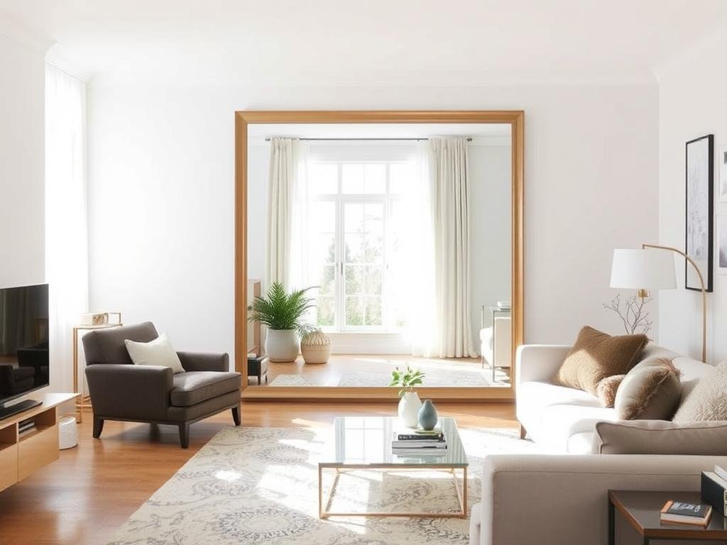 Mirror placed opposite window to reflect natural light throughout living room Mirror placed opposite window to reflect natural light throughout living room