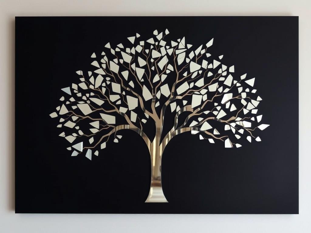 Mirror silhouette art of a tree made from broken mirror pieces Mirror silhouette art of a tree made from broken mirror pieces