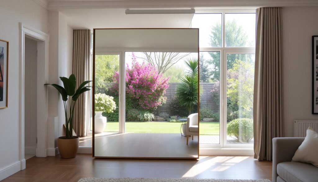 Mirror strategically placed opposite window to reflect garden view and light Mirror strategically placed opposite window to reflect garden view and light