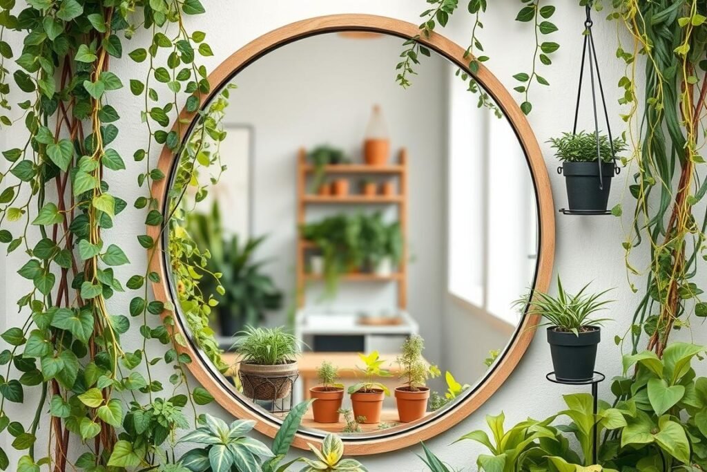 Mirror surrounded by plants creating natural green frame effect Mirror surrounded by plants creating natural green frame effect