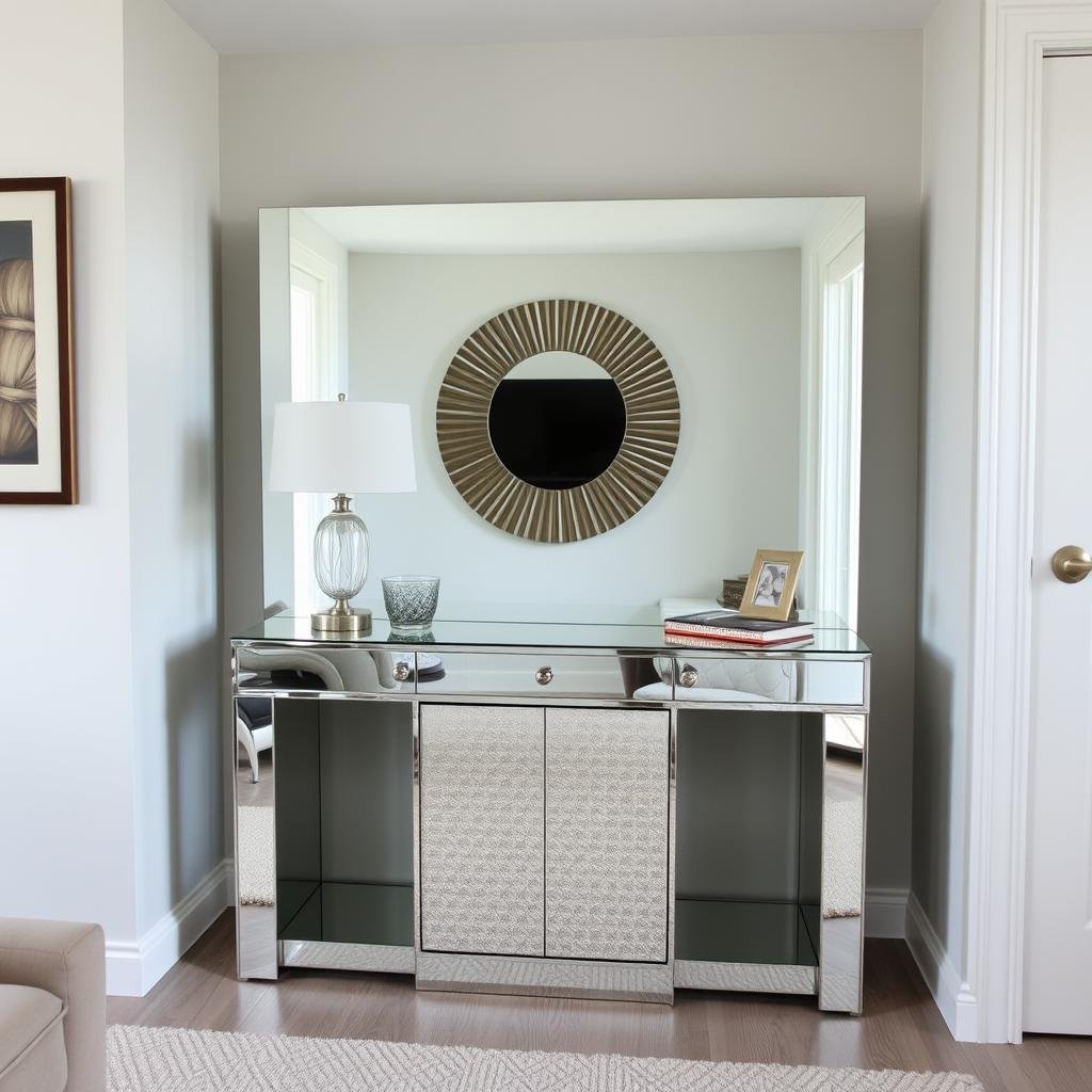 Mirrored furniture piece in compact living area Mirrored furniture piece in compact living area