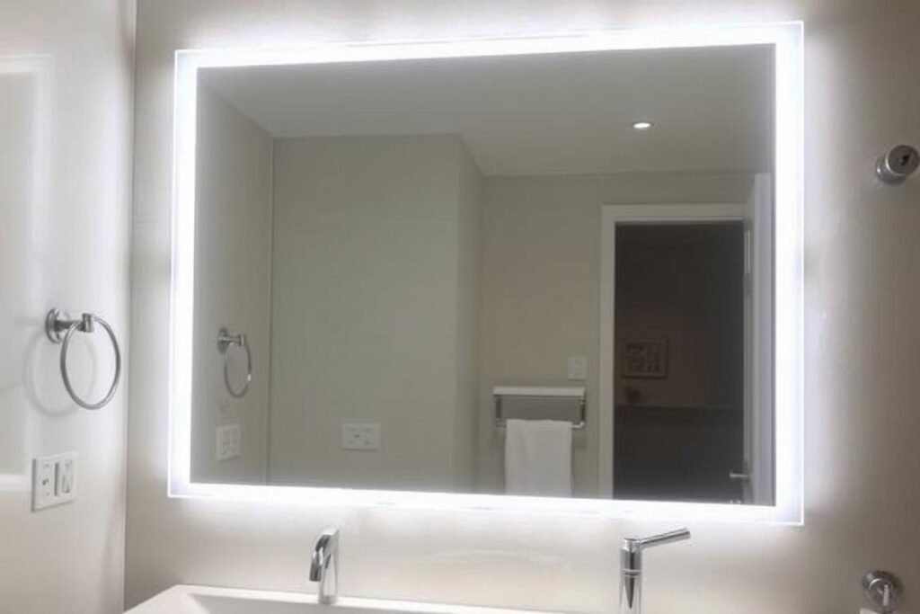 Modern bathroom or vanity area with LED backlit mirror Modern bathroom or vanity area with LED backlit mirror