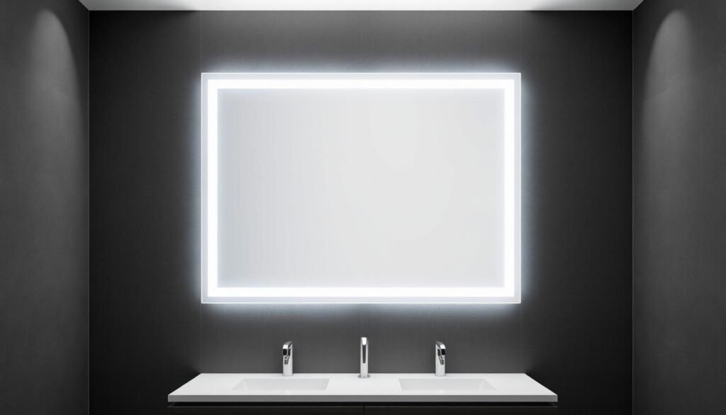 Modern bathroom with a backlit LED mirror creating ambient lighting Modern bathroom with a backlit LED mirror creating ambient lighting