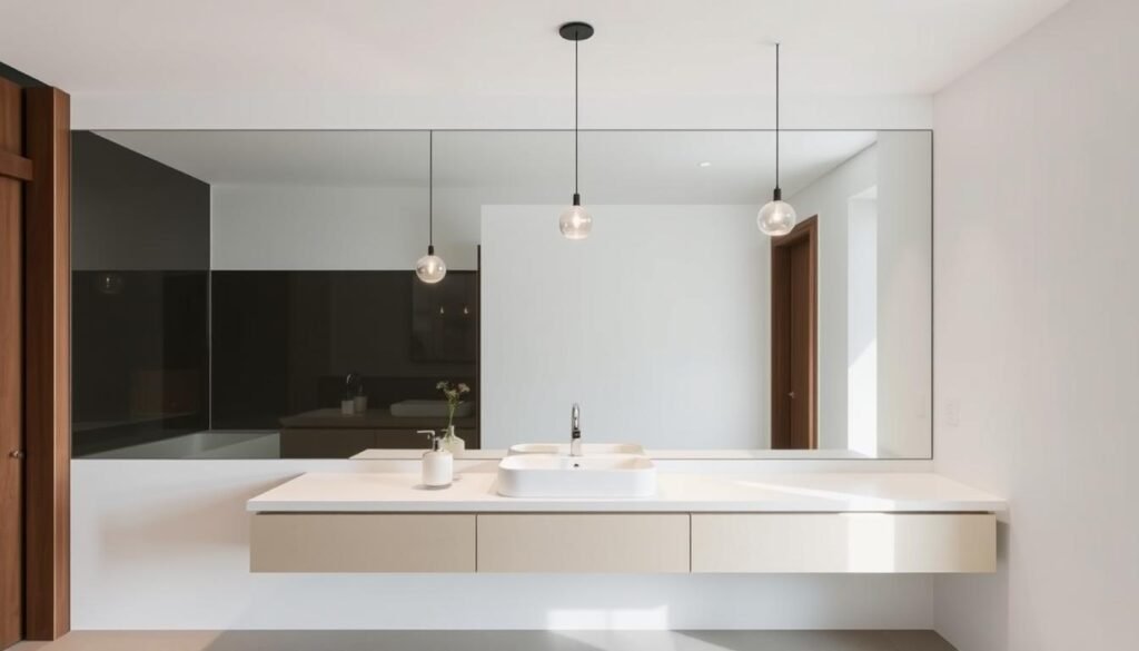 Modern bathroom with a large frameless mirror creating a seamless, spacious look Modern bathroom with a large frameless mirror creating a seamless, spacious look