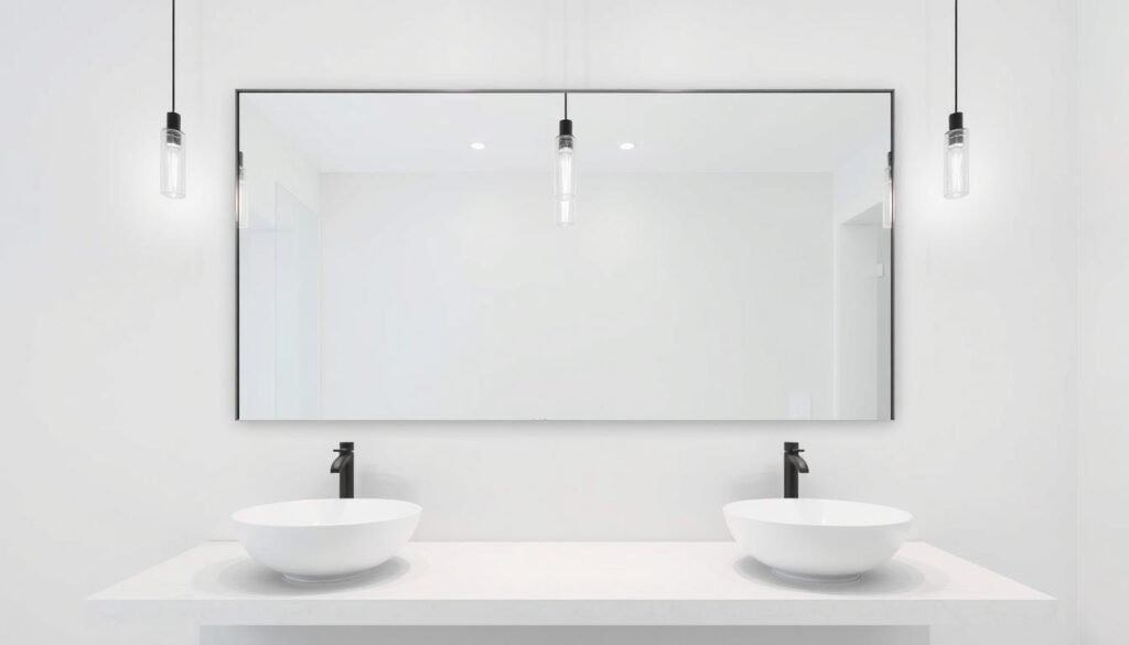 Modern bathroom with one large mirror spanning across a double vanity Modern bathroom with one large mirror spanning across a double vanity