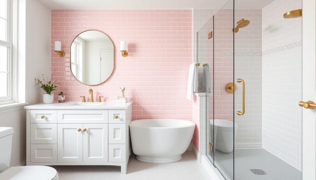 Modern bathroom with pink tile accents and brass fixtures