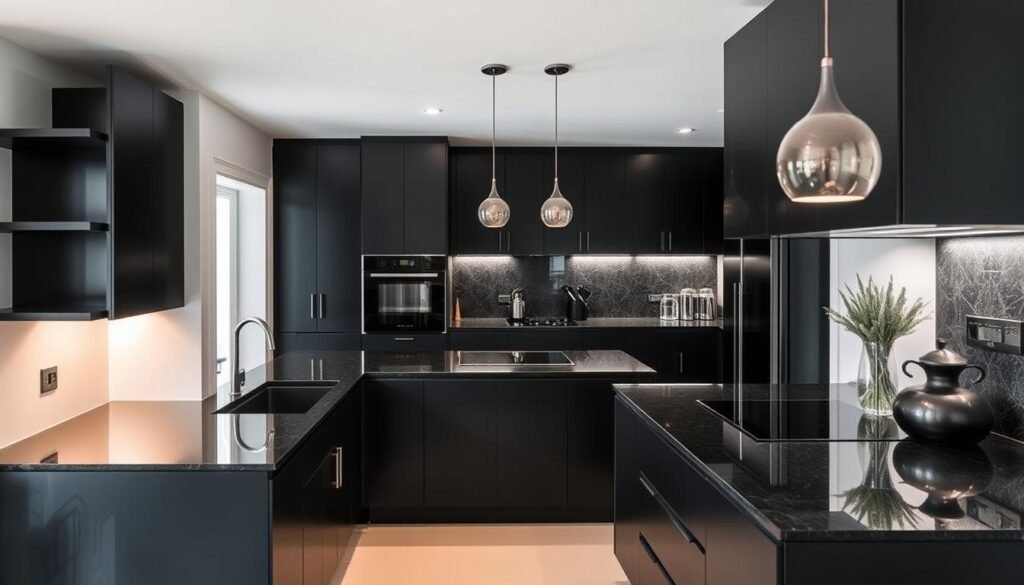 Modern black kitchen with contrasting elements and strategic lighting Modern black kitchen with contrasting elements and strategic lighting