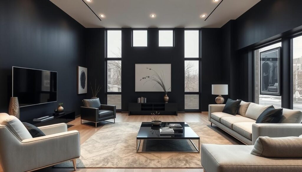Modern black living room with clean lines and minimal decoration Modern black living room with clean lines and minimal decoration
