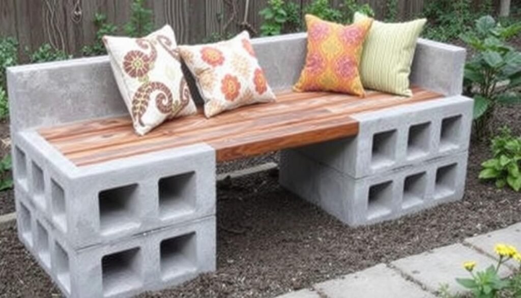 Modern cinder block bench with wooden seat and colorful cushions