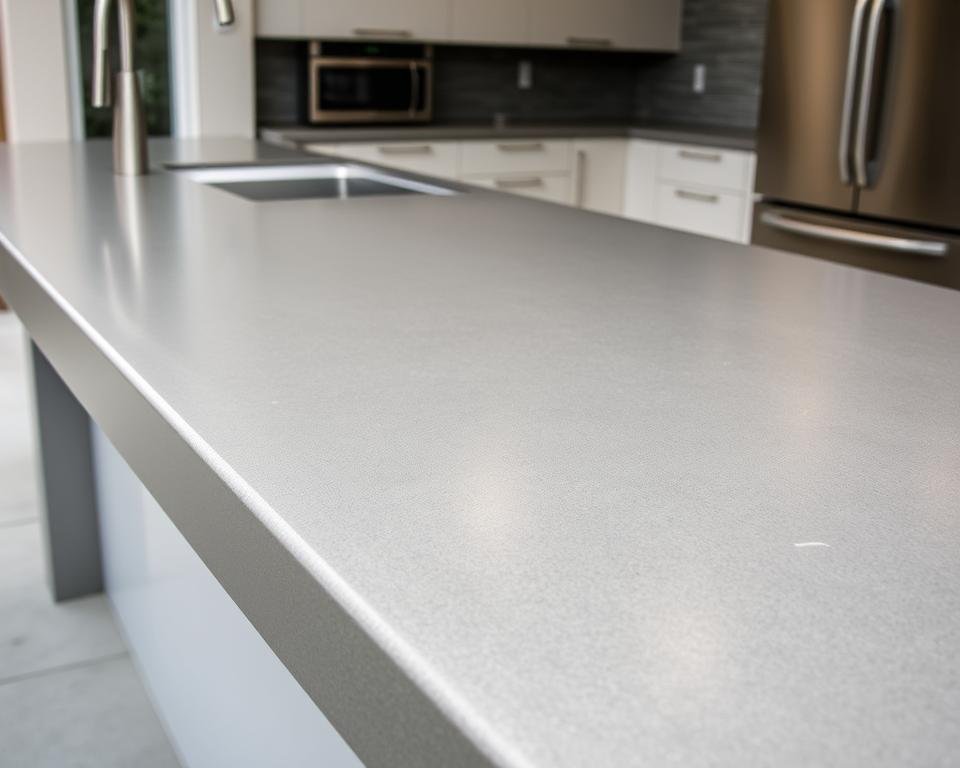 Modern concrete countertop in an outdoor kitchen with waterfall edge Modern concrete countertop in an outdoor kitchen with waterfall edge