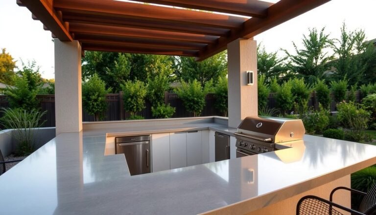Modern concrete outdoor kitchen with built-in grill and seating area under pergola