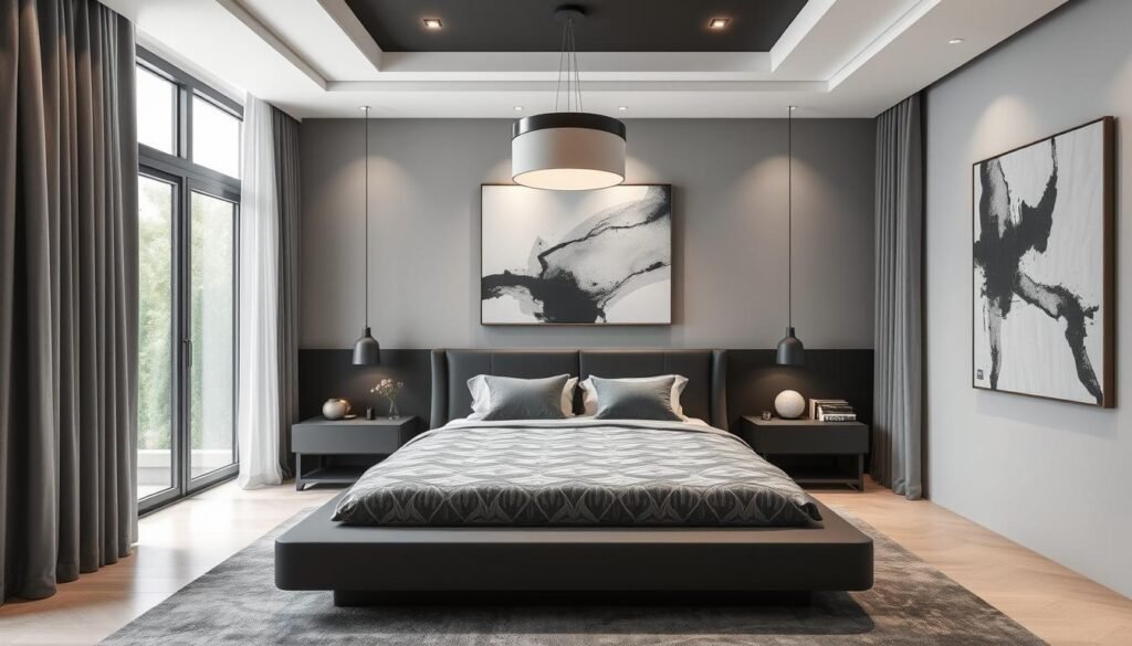 Modern contemporary bedroom with sleek furniture, geometric patterns, and statement lighting Modern contemporary bedroom with sleek furniture, geometric patterns, and statement lighting