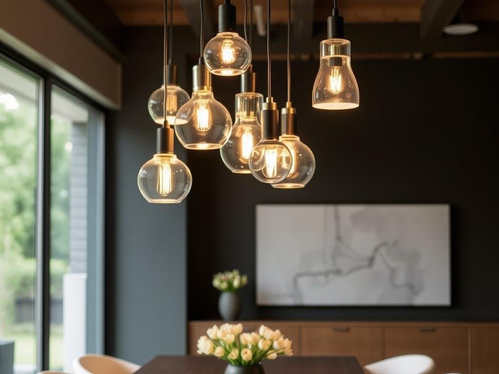 Modern dining room with a cluster of pendant lights hanging at different heights over the table Modern dining room with a cluster of pendant lights hanging at different heights over the table
