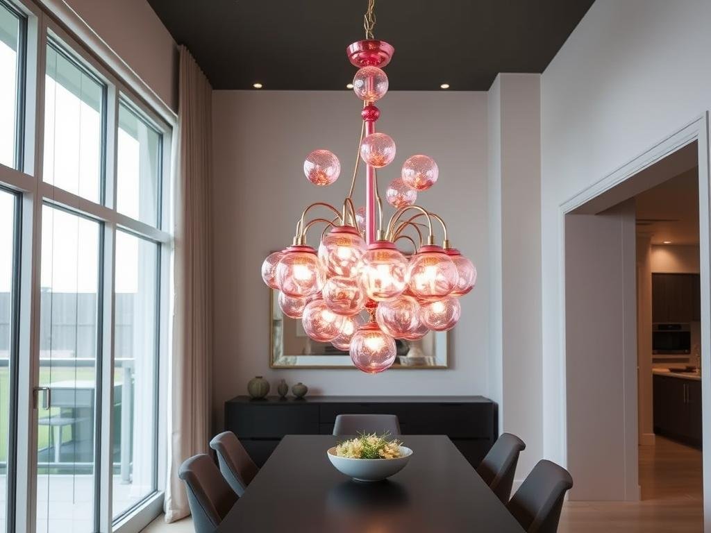 Modern dining room with a pink glass chandelier as a focal point