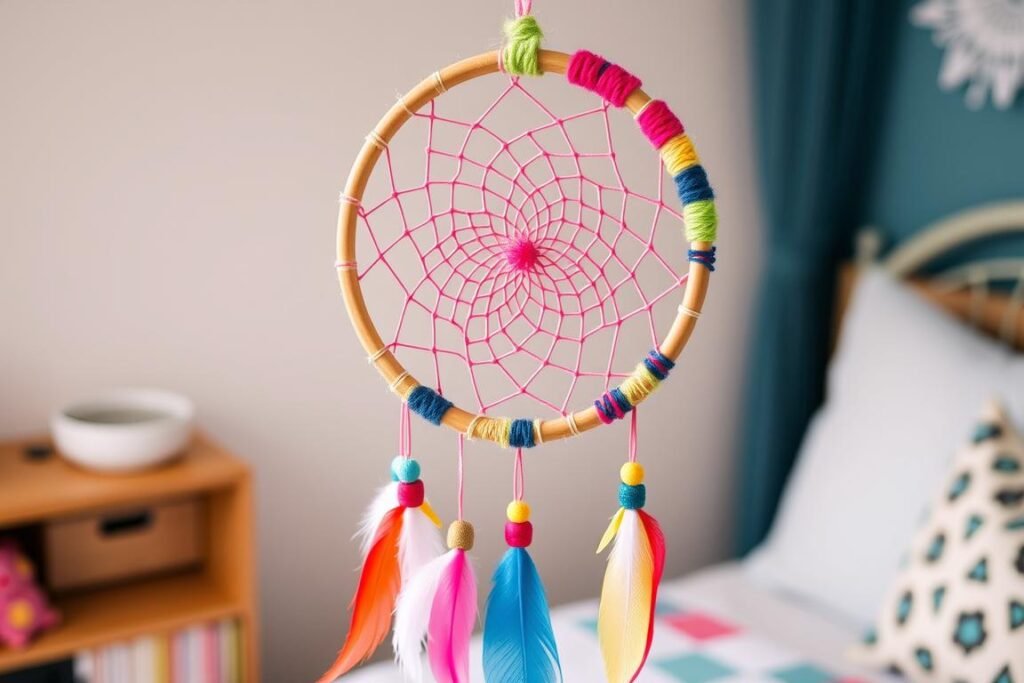 Modern dreamcatcher with colorful yarn and feathers hanging in teen bedroom Modern dreamcatcher with colorful yarn and feathers hanging in teen bedroom