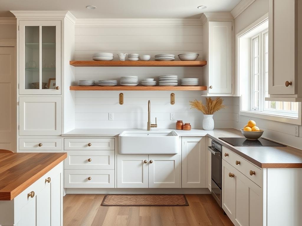 Modern farmhouse kitchen with warm white cabinets, wood accents, and shiplap details Modern farmhouse kitchen with warm white cabinets, wood accents, and shiplap details