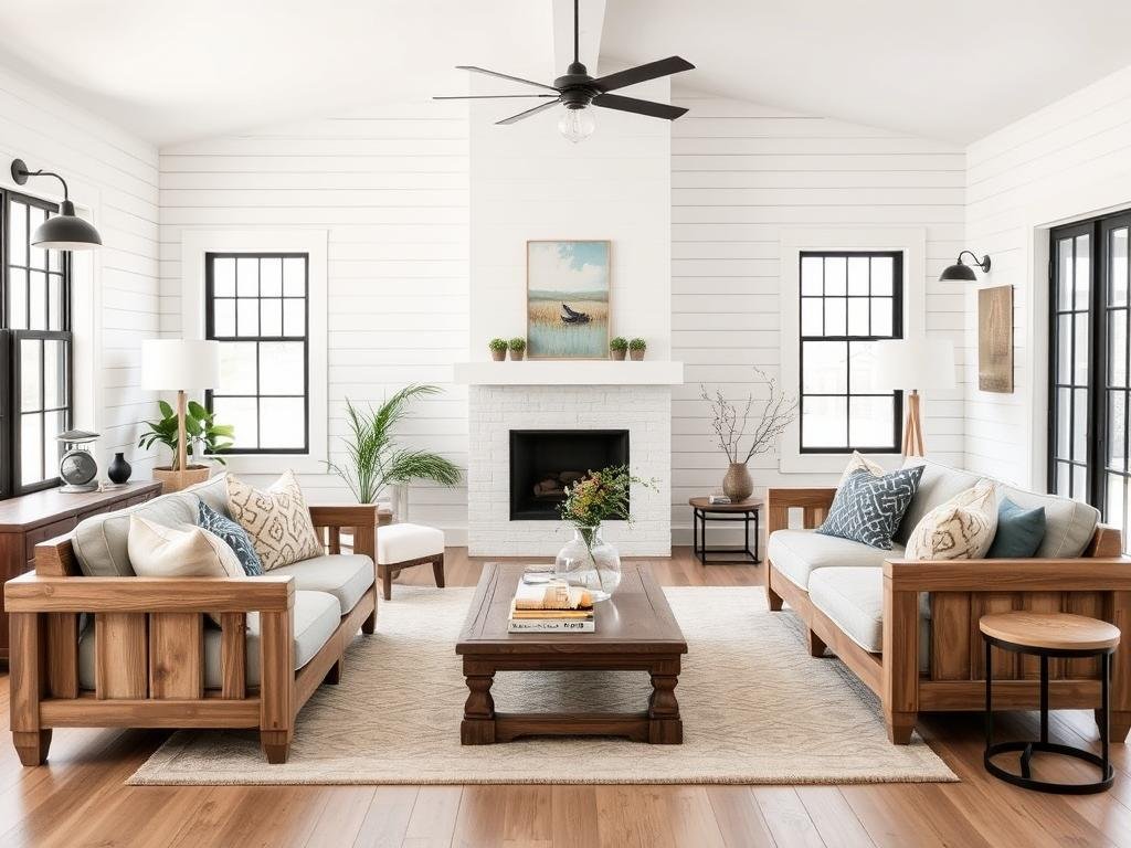 Modern farmhouse living room blending rustic and contemporary elements