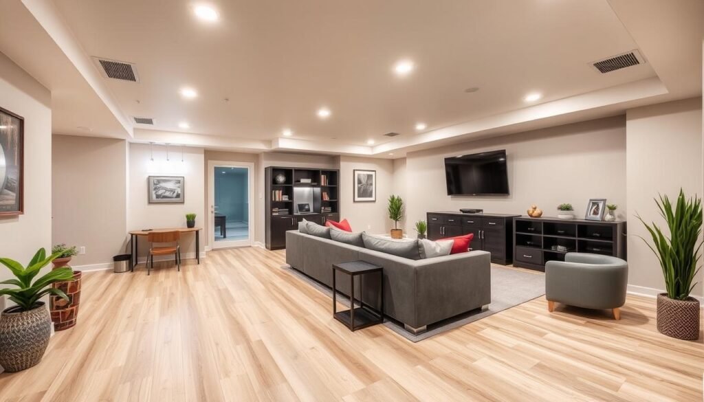 Modern finished basement with multiple functional zones including entertainment area and home office Modern finished basement with multiple functional zones including entertainment area and home office