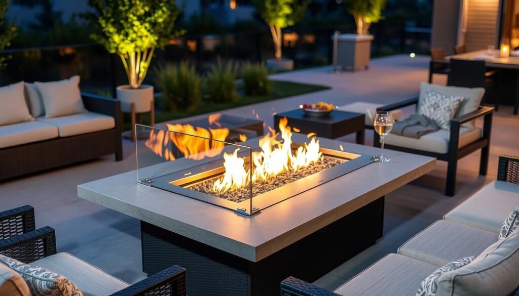 Modern fire pit table with glass wind guard on a contemporary patio Modern fire pit table with glass wind guard on a contemporary patio