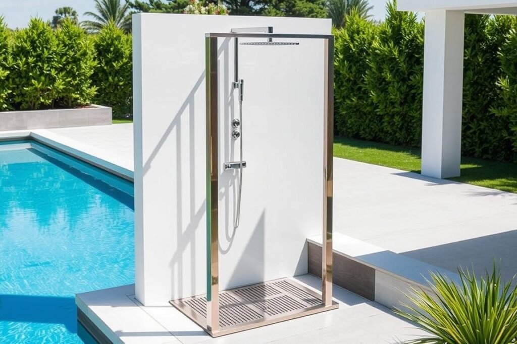 Modern freestanding outdoor shower with sleek stainless steel design next to a pool