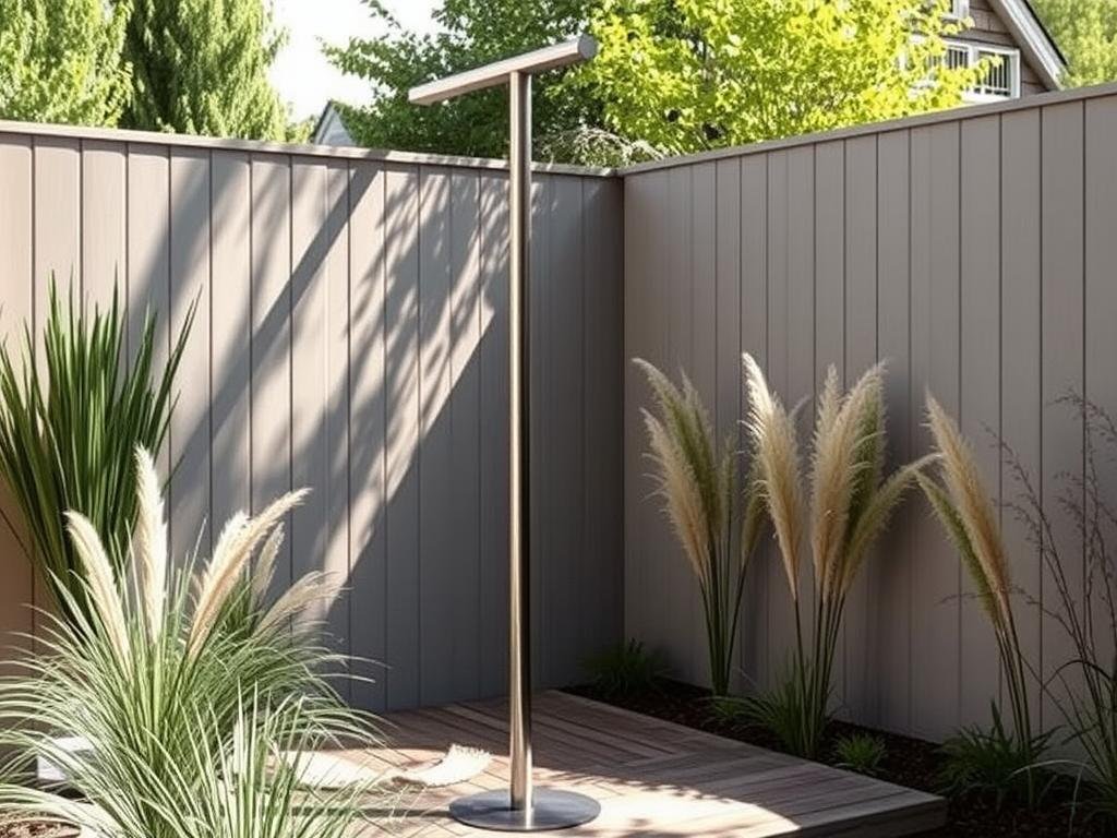 Modern freestanding outdoor shower with wooden platform in garden setting