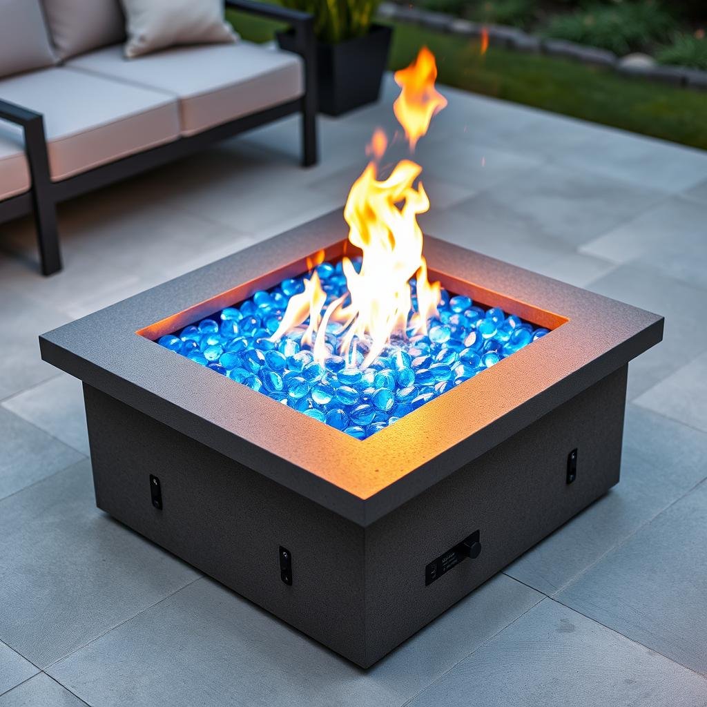 Modern gas fire pit with glass beads and adjustable flame
